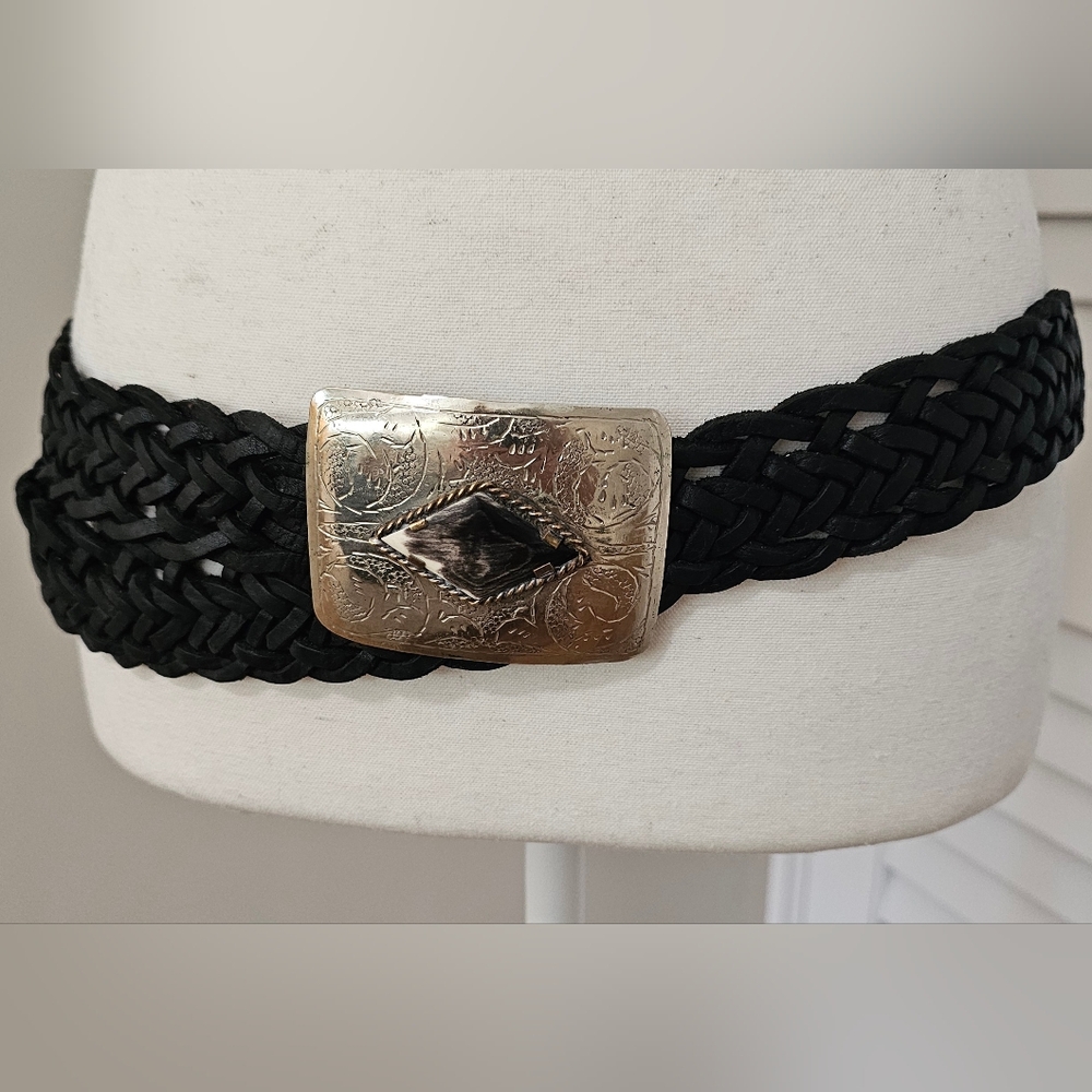 Vintage black braided leather boho hippie festival belt / silver engraved Buckle